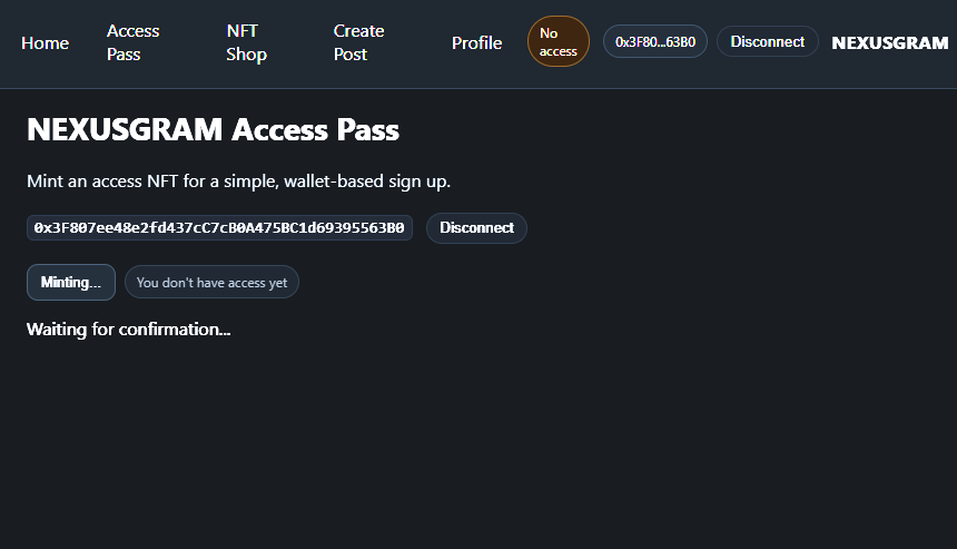 Quest_Hunter1's tweet image. Testing the NEXUSGRAM WebApp 🧠✨
Connected my Bitget wallet, tried minting the Access Pass and explored the NFT Shop — interface runs smooth!
Excited to see how this early version evolves.
@NexusLabs @danielmariq @briwhoze @MAXI_Billion @OxBATTLE #NexusTestnet #NodeRunners