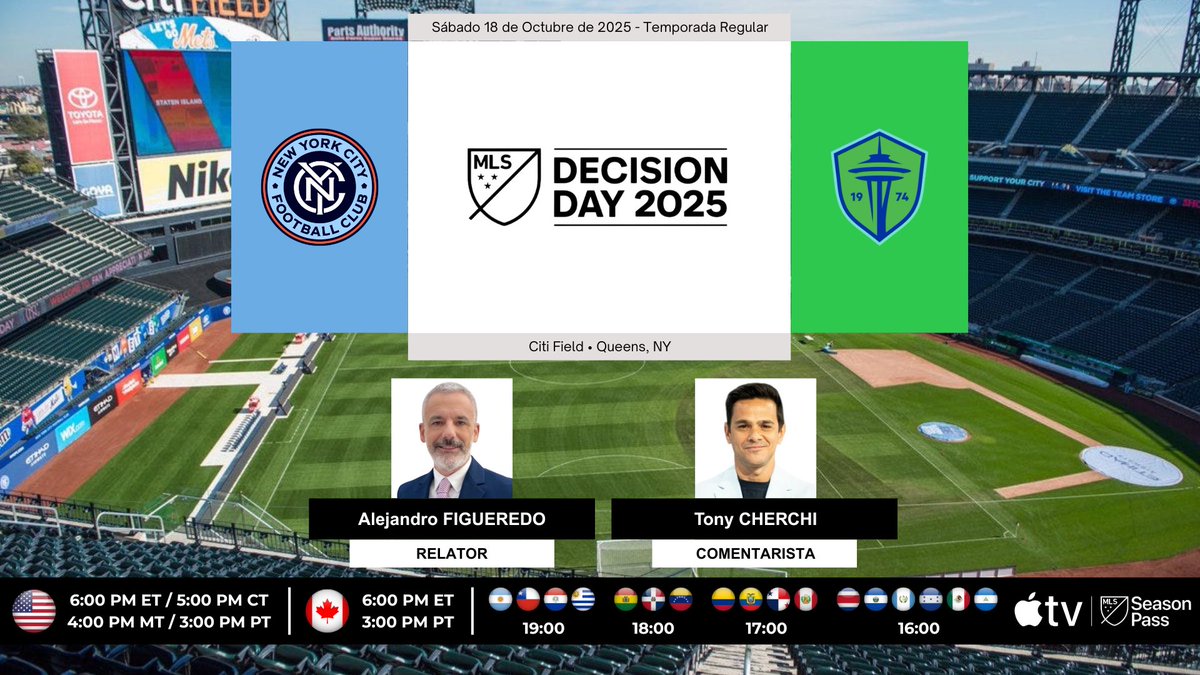ProgramacionUS's tweet image. ⚽️ #MLS 🇺🇸 | #NewYorkCityFC vs. #SeattleSounders

🎙Relator: @afigue2010
🎙Comentarista: @tonycherchi
💻📱MLS Season Pass en @AppleTV

#️⃣ #MLSSeasonPass - #DecisionDay - #NYCvSEA