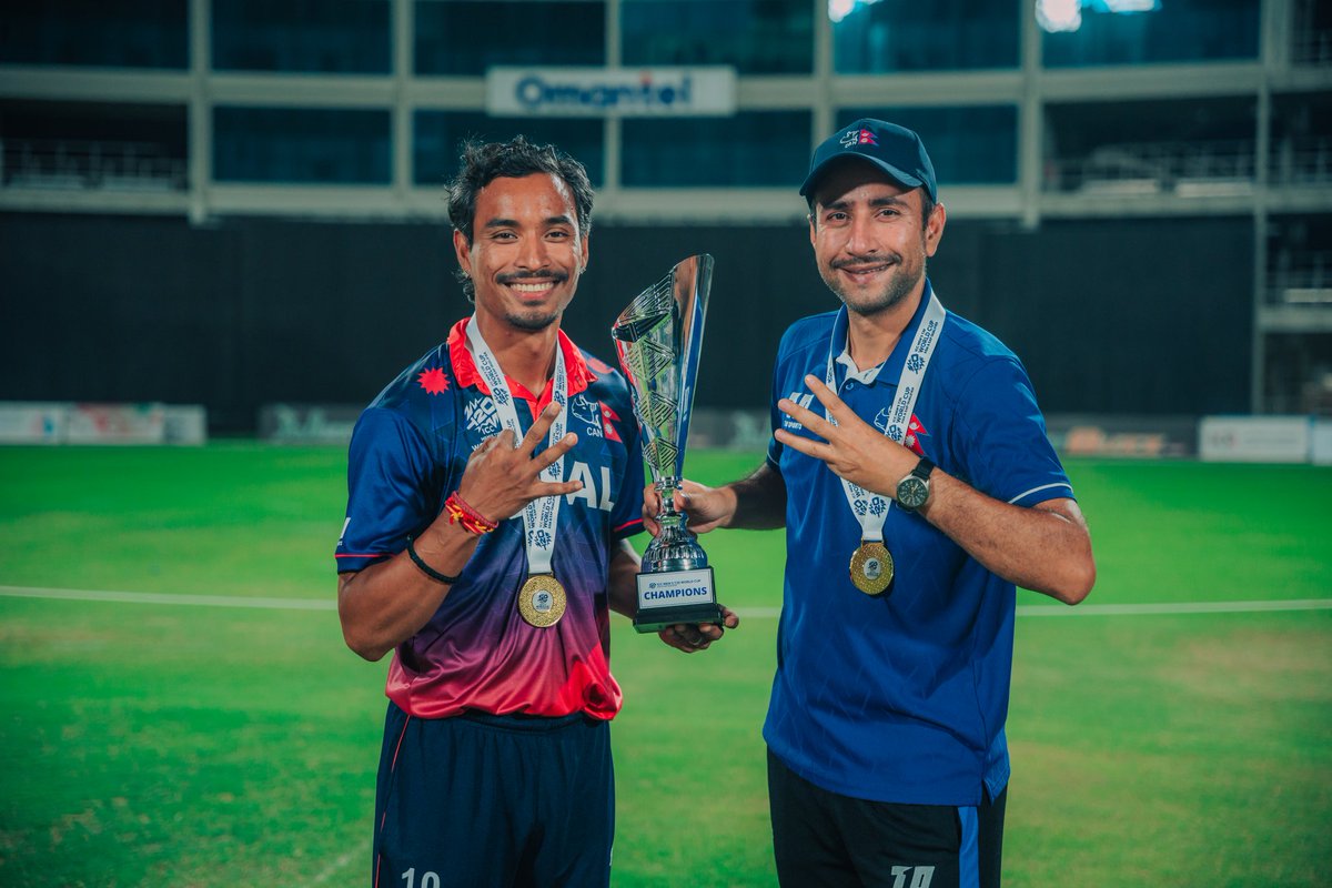 🏏 HISTORY CREATED. PRIDE RESTORED. 🇳🇵
Nepal are UNBEATEN Champions of the T20 World Cup Asia Pacific Qualifier! 🏆
We’ve booked our spot in the T20 World Cup 2026 in India &amp; Sri Lanka — back-to-back World Cups! 🙌
#NepalCricket #RhinosRoar #T20WorldCup2026 #PrideOfNepal