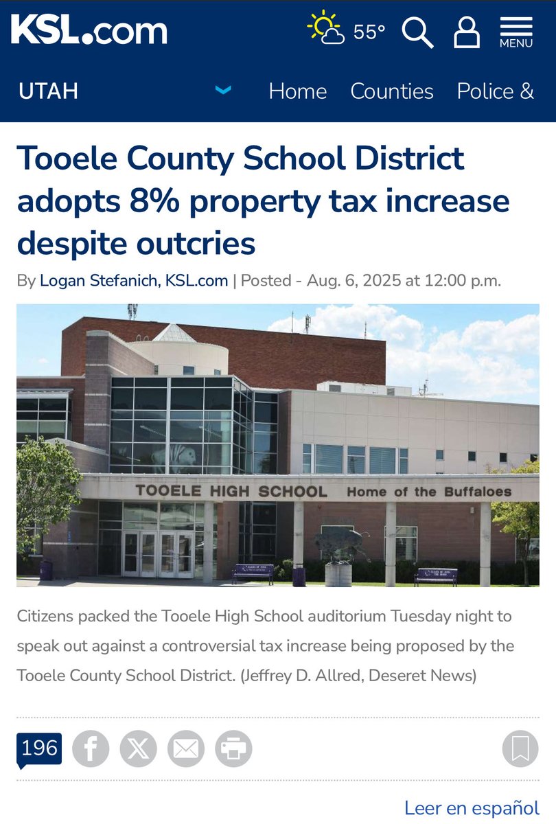 Unbelievable! Tooele County School District recently rammed through an 8% property tax hike, adding $284/year to the average homeowner's bill and $516 to businesses, despite a packed auditorium of furious residents jeering and begging them to stop. Why? To scrape together $9.25M