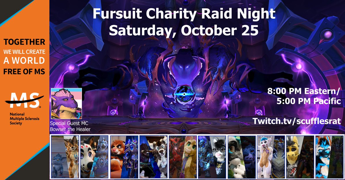 Hey There! 

Next Saturday at 8PM EST/ 5 PM PST, come join us to Stream to End MS with the 3rd Fursuit Charity Raid Night!

Stream at twitch.tv/scufflesrat

All donations to benefit the National Multiple Sclerosis Society, <a href="/StreamToEndMS/">Stream to End MS</a>