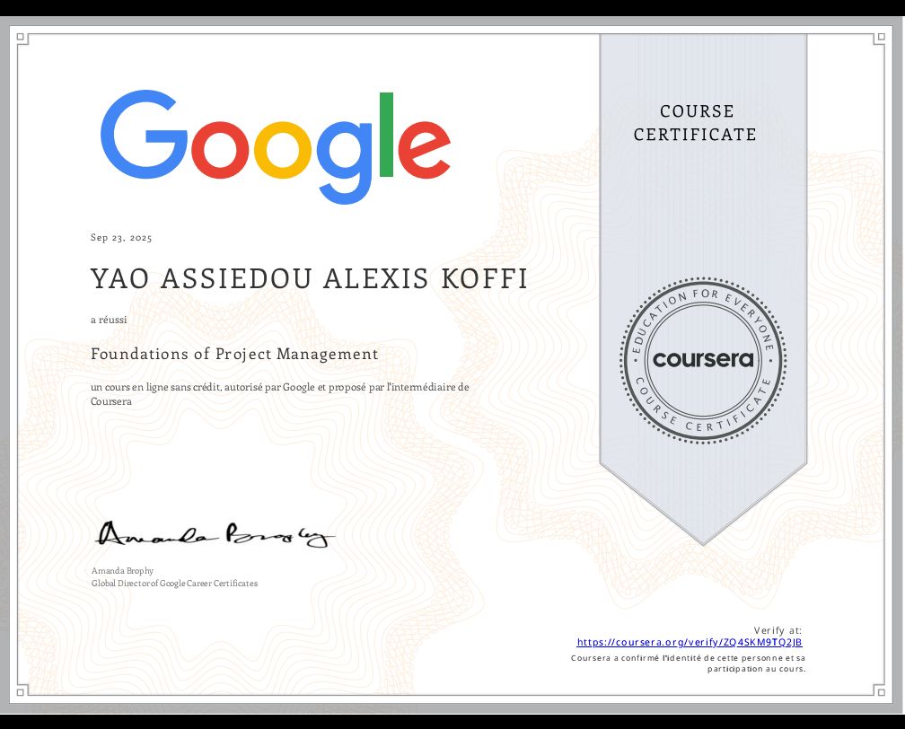 Fier d’avoir obtenu la certification Foundations of Project Management (Google x Coursera).
Une étape clé pour renforcer mes compétences en gestion de projets, alignées sur les meilleures pratiques internationales.
