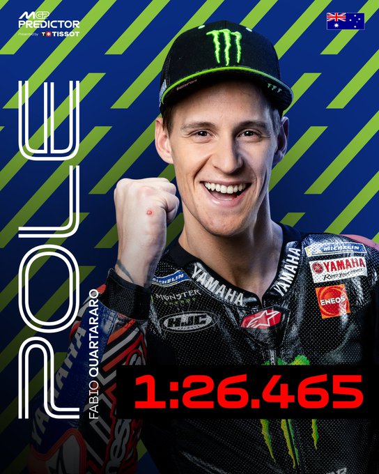 A young man with short hair wearing a black racing suit adorned with sponsor patches including Monster Energy Yamaha HJC Alpinestars and Shell stands smiling confidently with a fist pump gesture. He wears a green Monster Energy cap. The background features a blue and green gradient with Australian flag elements. Bold text overlays read POLE QUARTAR in white and green FABIO 1:26.465 in red indicating the pole position time.