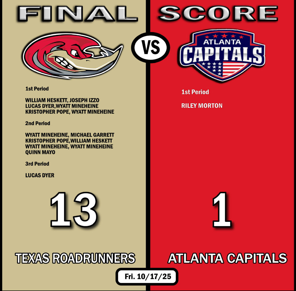 TEXRoadRunners's tweet photo. #FridayFinal @NA3HL @theeagle @kbtxsports @TexSR_Tanner1 @BWRPhoto https://t.co/2e4wFGsKDC