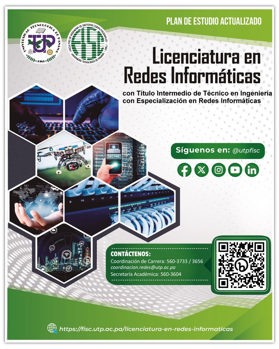 Más información en: fisc.utp.ac.pa/licenciatura-e…
Contáctenos: Coordinación de Carrera: 560-3733 / 3656 o al correo: coordinacion.redes@utp.ac.pa