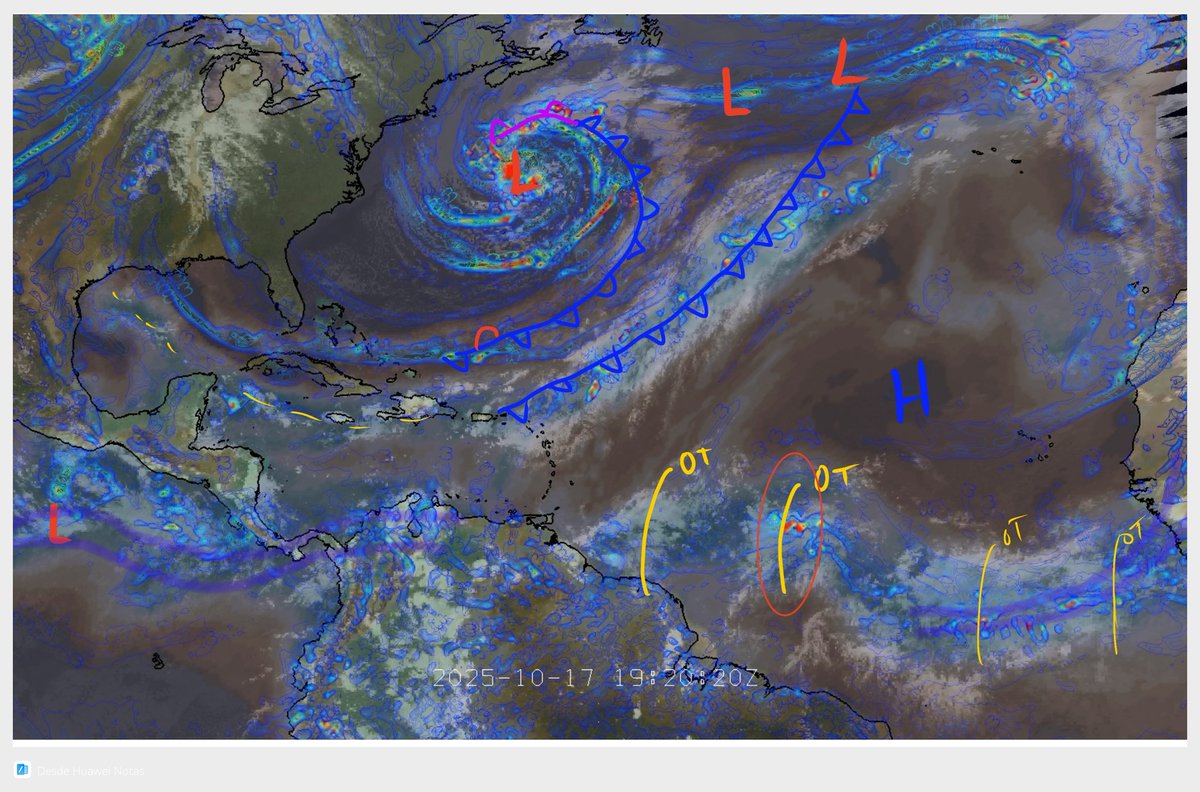 AdrianWeather's tweet photo. Se espera que la onda tropical cruce el arco de las Antillas menores durante el lunes 20 de octubre y de acuerdo con el modelo GFS, podría formarse una baja presión durante el miércoles en el Caribe central (al sur de Rep Dominicana). https://t.co/ESWmePHg3z