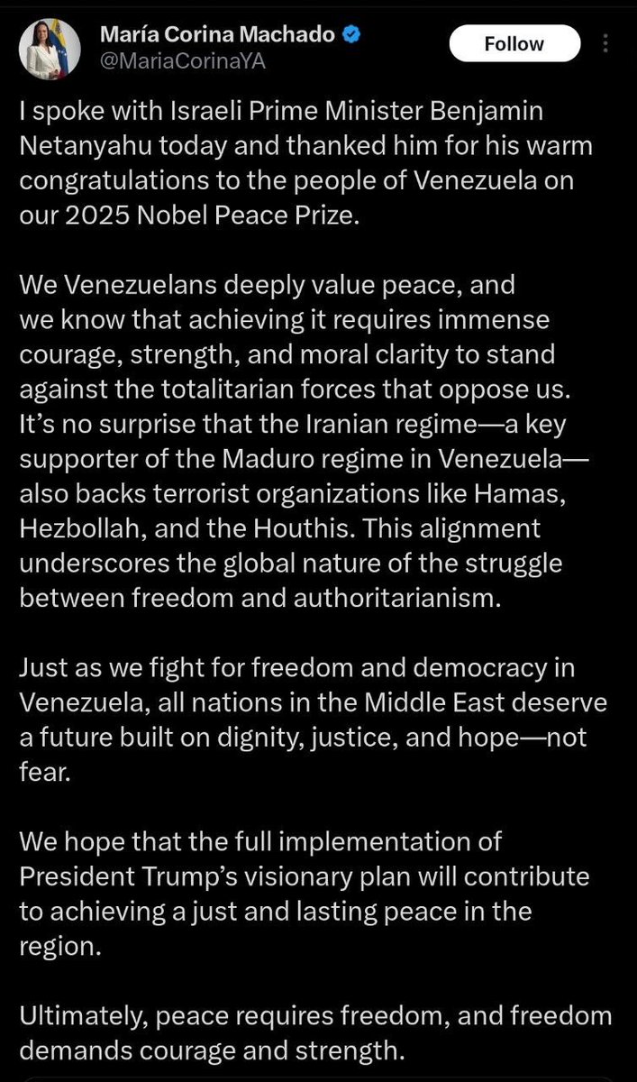 Machado says that she and Netanyahu share a struggle for freedom.

Everything falls into place once you understand that the Nobel Peace Prize is simply imperialism’s highest honor.