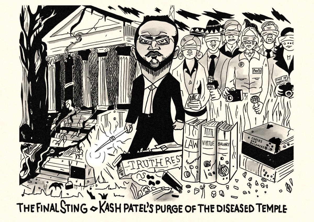 The Diseased Temple took three decades to decay. It took one Kash Patel to sting it clean FBI Political Cartoon @realdonaldtrump <a href="/FBIDirectorKash/">FBI Director Kash Patel</a> <a href="/FBI/">FBI</a>  #donaldtrump #kashpatel #politicalcartoon Inktober 2025 STING #Inktober #inktober2025