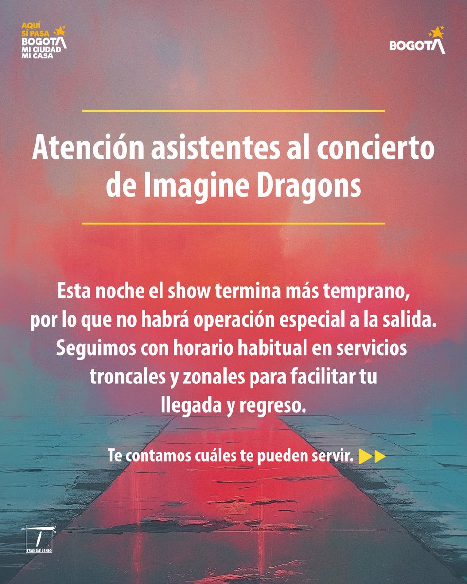 TransMilenio's tweet photo. 📢 #TransMiTeInforma 🔔

Si este 17 de octubre vas a asistir al concierto de Imagine Dragons en Vive Claro - Distrito Cultural, ten en cuenta estas recomendaciones para tu regreso a casa 🚍🏡🚏

No olvides planear tus viajes en #TransMiApp para llegar seguro a tu destino 📲 https://t.co/hOvBCEEiXt