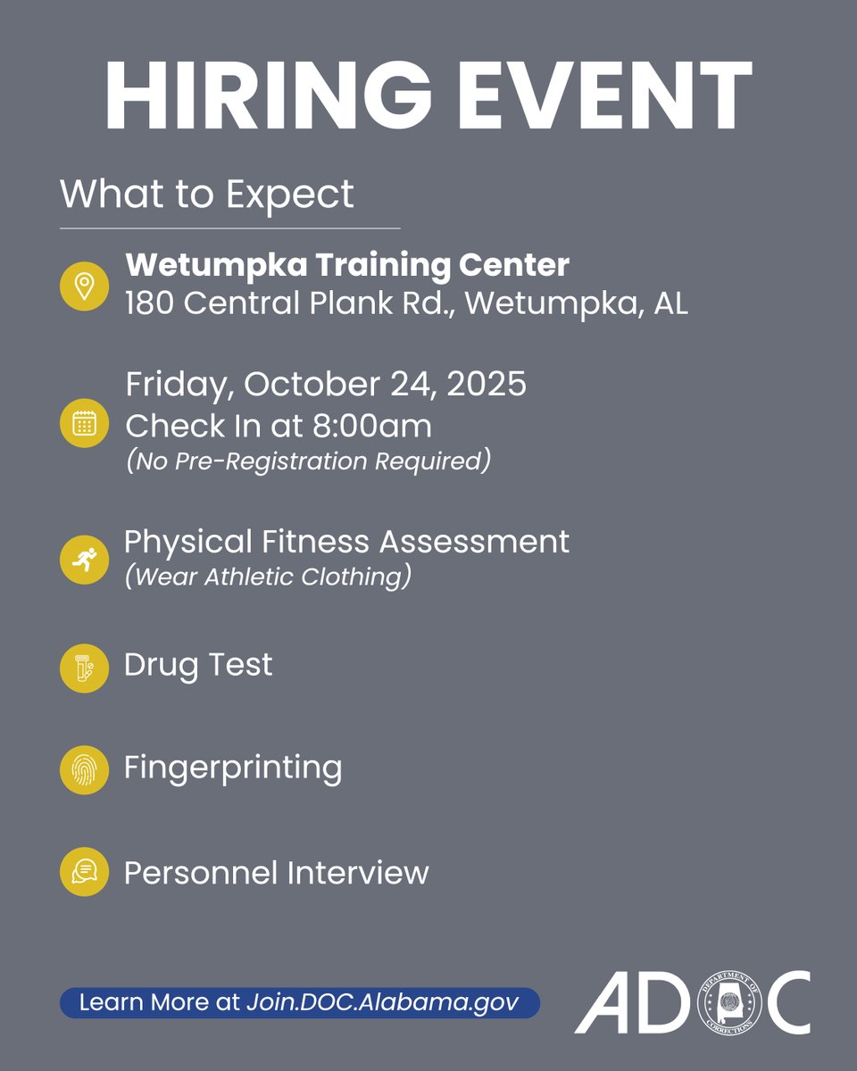 🚨 We’re Hiring in Wetumpka! 🚨
💰 Starting Pay: Up to $58K / $28 per hour

📍 Wetumpka Training Center – 180 Central Plank Rd., Wetumpka, AL
📅 Friday, October 24, 2025 | Check-in at 8:00 AM

#ADOCJobs #ServeWithHonor #WorkWithPurpose #AlabamaJobs