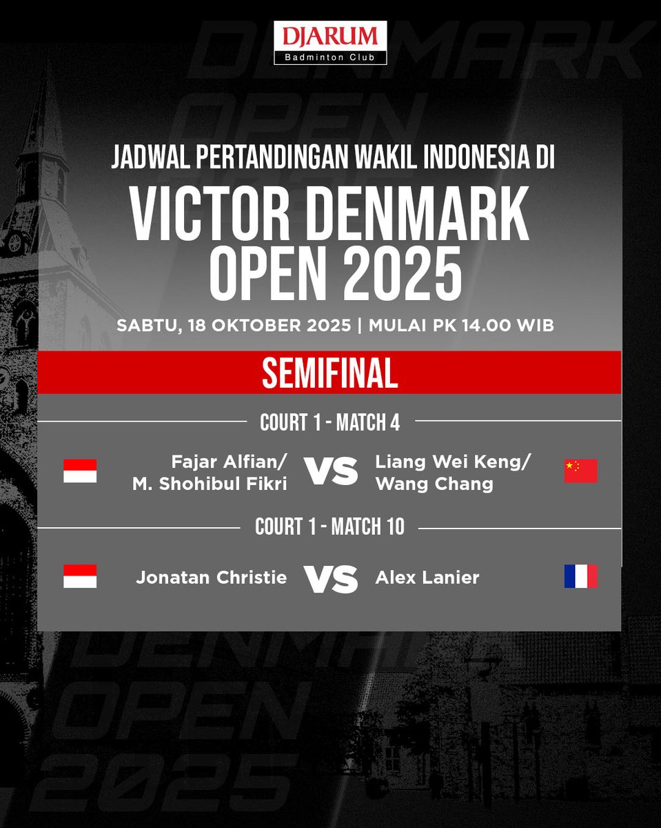 PBDjarum's tweet image. Fajar/Fikri akan bermain di partai ke-4, sedangkan Jojo di partai penutup babak semifinal #DenmarkOpen2025 hari ini yah, Sobat!​ Pertandingan pertama mulai Pk 14.00 WIB.

SEMANGAT!! 🔥🔥💪

#tournament #TeruskanSemangatBersama #TeruskanSemangatJuara
