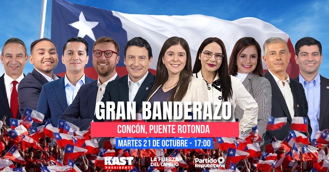 Todos los adherentes y republicanos de la V región invitados a este mega banderazo con todos los candidatos confirmados, desplegados entre rotonda Concón y línea férrea de Quintero donde se unen el D6 y D7, súmate y apoyemos a nuestros candidatos en terreno!! <a href="/BarchiesiDip/">Diputada Chiara Barchiesi 🇨🇱</a>