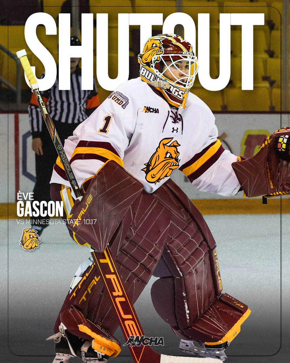 WCHA_WHockey's tweet photo. ❌A BULLDOG SHUTOUT❌

Ève Gascon makes 24 saves &amp; records her 3⃣rd shutout of the season in @UMDWHockey's 5-0 win over Minnesota State! https://t.co/OlqJTX86FA