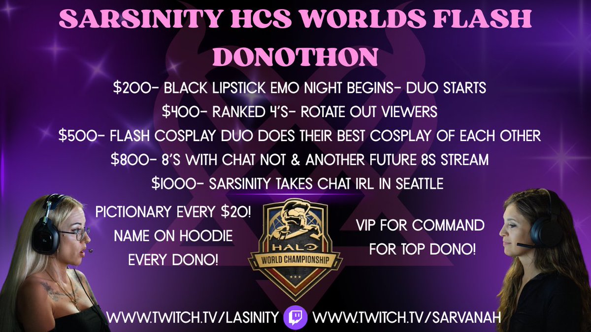 Live right now with my duo <a href="/Sarvanah92/">Sarvanah</a> for one last dance for HCS WORLDS so we can compete as Sarsinity one last time 🫶🏼

Twitch.tv/lasinity 
Twitch.tv/Sarvanah