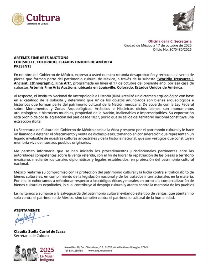 La protección del patrimonio cultural es una causa irrenunciable para México. Tras revisar el catálogo de la subasta “Worldly Treasures | Ancient, Ethnographic, Fine Art”, organizada por Artemis Fine Arts Auctions realizada hoy en Louisville, Colorado, Estados Unidos, el <a href="/INAHmx/">INAH</a>
