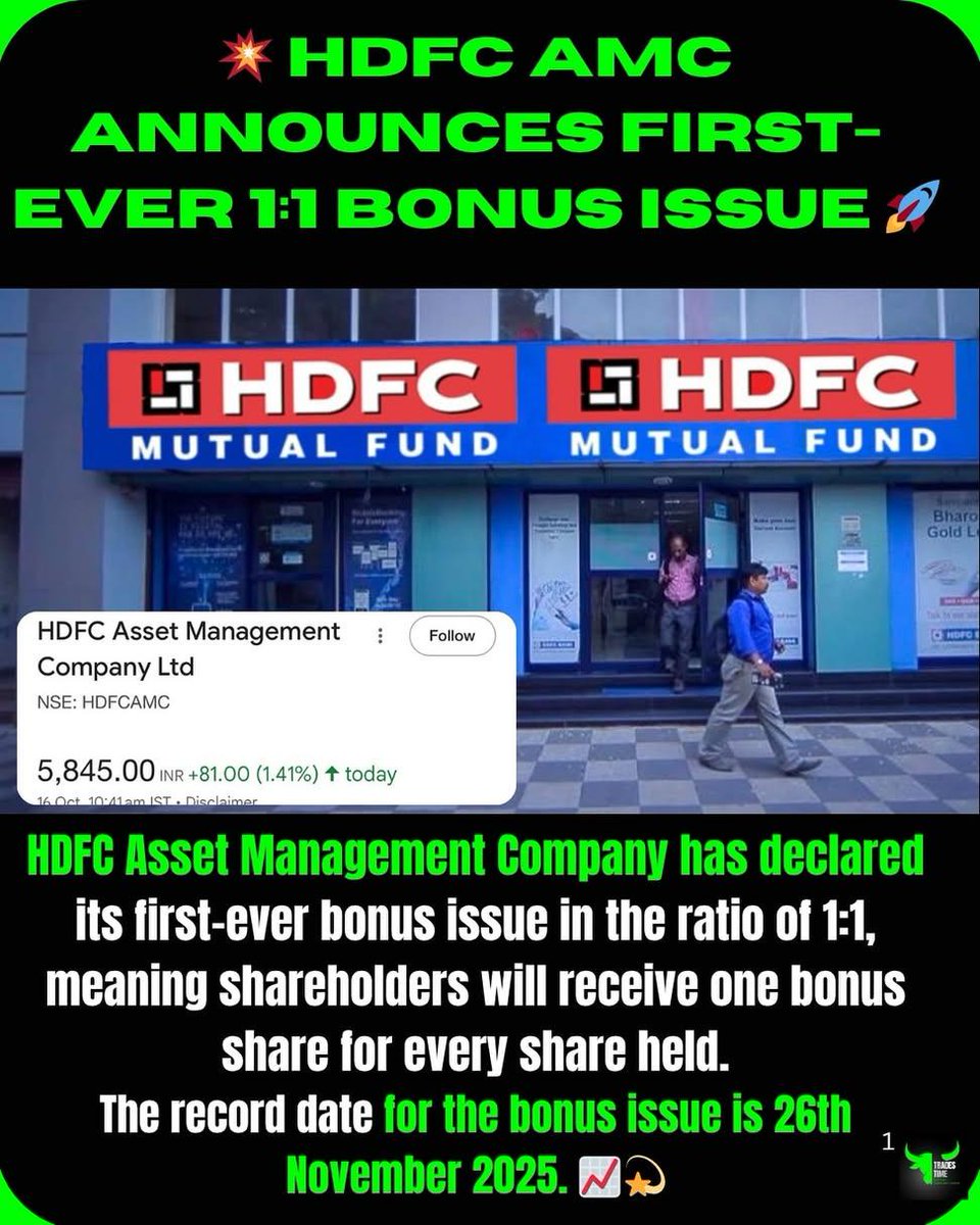 queenofthelov's tweet image. 🚀 Big news from HDFC AMC! 💥 The company announces its first-ever 1:1 bonus issue — rewarding shareholders with one bonus share for every share held. 🎉 Record date set for 26th November 2025! 📊✨
Hashtags:
#HDFCAMC #StockMarketNews #HDFC #InvestorsAlert #ShareMarketUpdate…