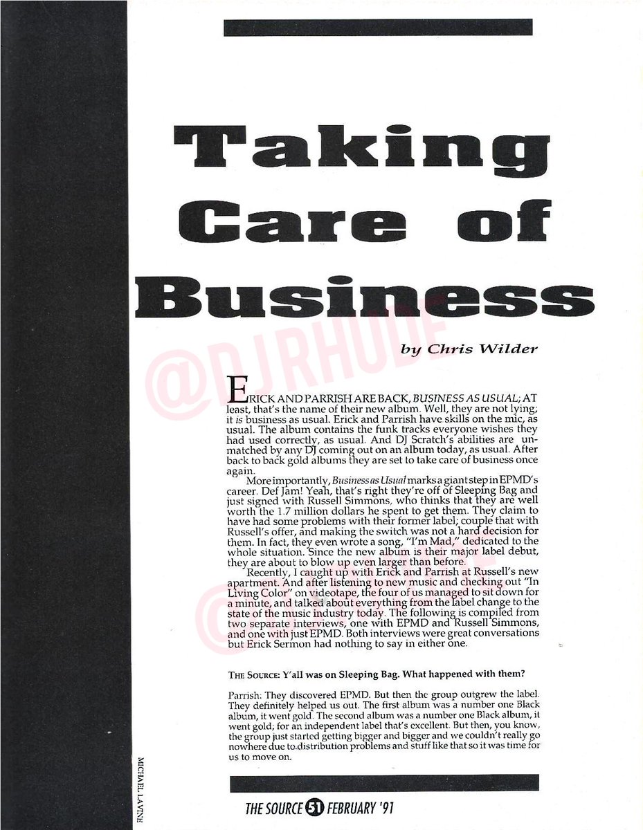 DJRhude's tweet photo. February 1991 Source Magazine featuring EPMD along with @DJScratch who as the article described his abilities as, "unmatched by any DJ coming out on an album today. "Business As Usual" would be their debut album on Def Jam. Words by Chris Wilder. https://t.co/8FWXuw0KjY