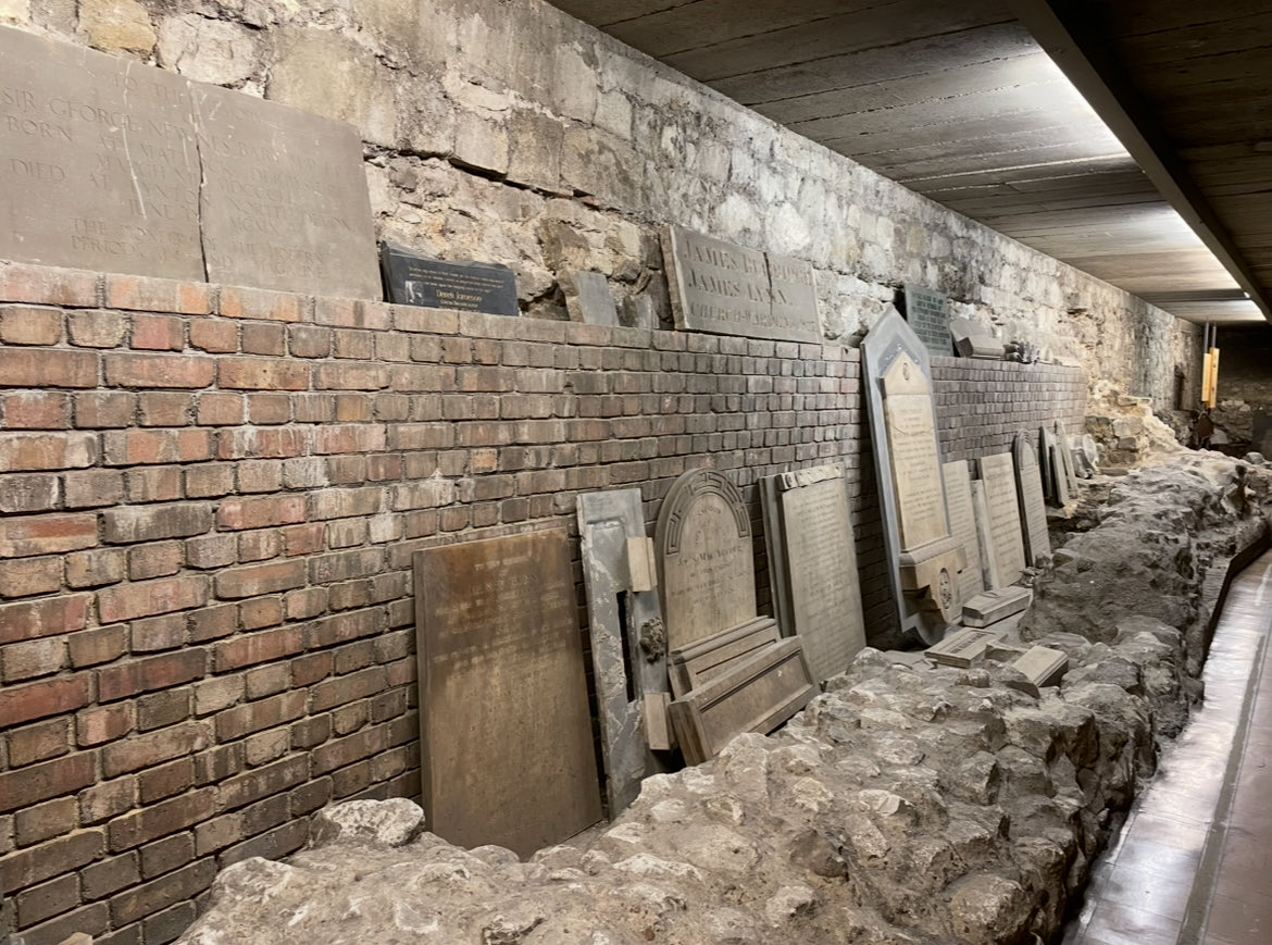 Day 17 of #31DaysOfGraves: Relocated. Headstones and memorials in the basement of St. Bride’s Church, Fleet Street, London, England.