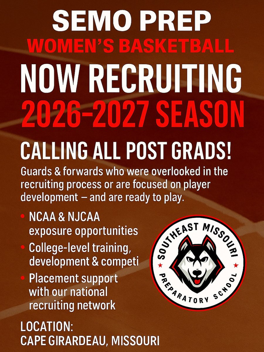 Semoprepwbb's tweet photo. 🏀 SEMO PREP WOMEN’S BASKETBALL

✅ NCAA &amp; NJCAA exposure opportunities
✅ College-level training, development &amp; competition
✅ Placement support with our national recruiting network

📍 Location: Cape Girardeau, Missouri
📬 Contact: jhitchman@semoprep.com | rbooker@semoprep.com https://t.co/TFIJ7nbUbc