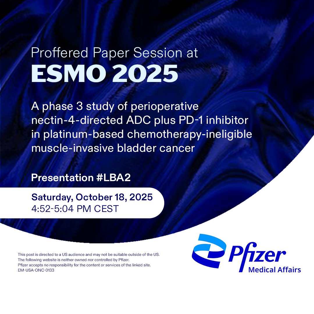 Attend this proffered paper session at #ESMO25 to explore results from a phase 3 study of perioperative nectin-4-directed ADC + PD-1 inhibitor in patients with muscle-invasive #BladderCancer ineligible for platinum-based chemotherapy: pfi.sr/Nvt