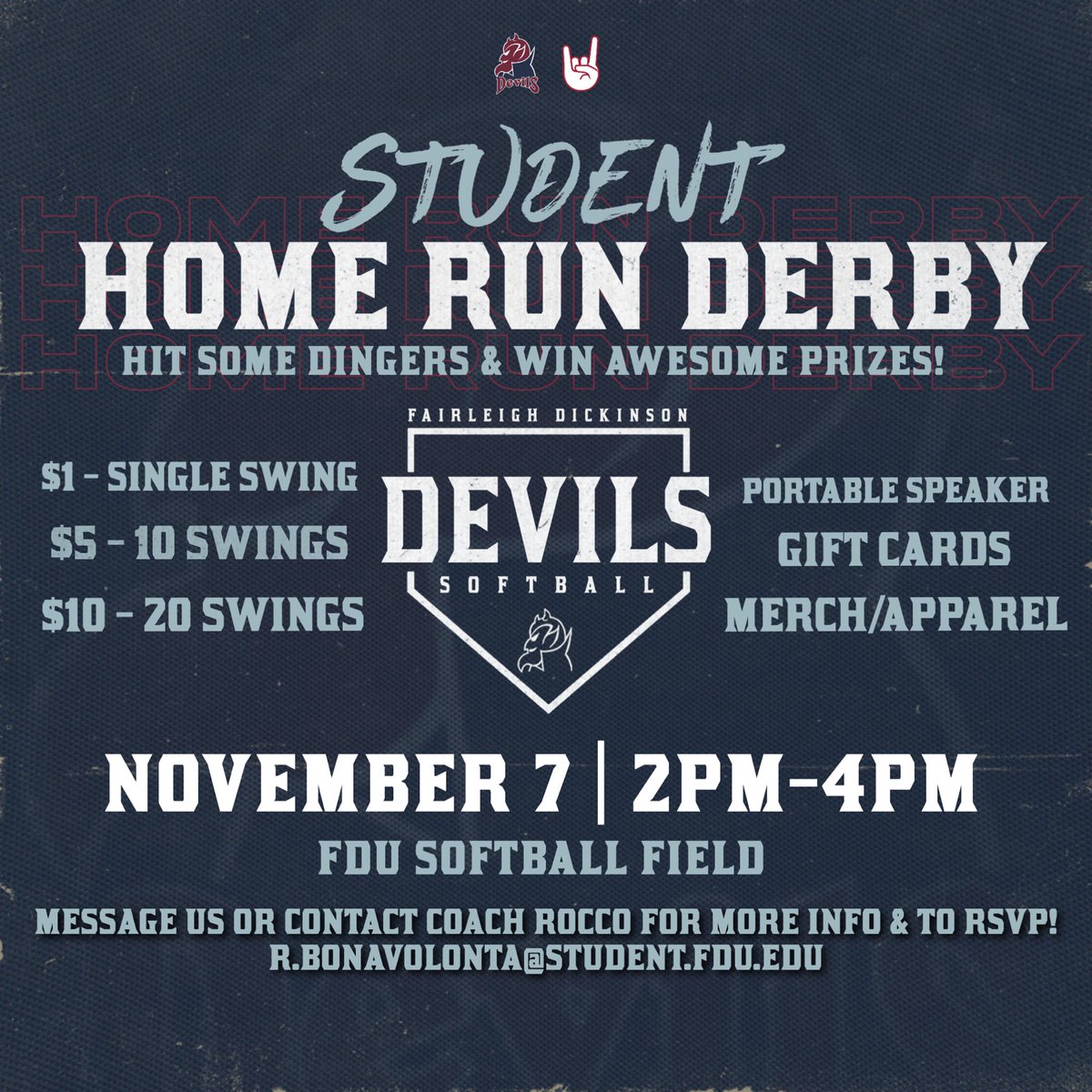 FDU Devils Softball (@fdudevilssb) on Twitter photo Who will be the winner of our 1st Annual Home Run Derby!?!? 👑🥎💪🏼
RSVP to hit some dingers and win awesome prizes! 🏆✨
More info & pre-paid registration sign up opening soon! 🤘🏼 Who will be the winner of our 1st Annual Home Run Derby!?!? 👑🥎💪🏼
RSVP to hit some dingers and win awesome prizes! 🏆✨
More info & pre-paid registration sign up opening soon! 🤘🏼