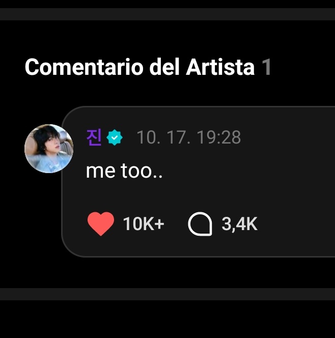[🌟] COMENTARIO DE JIN EN POST DE WEVERSE 

💜 Hola, WWH, cómo estás y dónde estás? Te echamos de menos 😫 de verdad
🐹 Yo también..