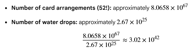 Did you know?

... there are over 3 trillion trillion trillion times more possible arrangements of a deck of cards than there are drops of water in all the oceans on Earth.

I used Google Search AI to do the math using 20 drops of water in 1 milliliter.