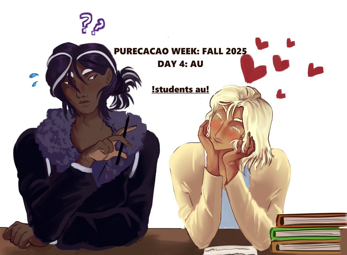Gyrichen's tweet image. Purecacao Week fall 2025 
Day 4: AU  
Students au 
 #cookierunkingdom #purecacaoweekfall25 #purecacao