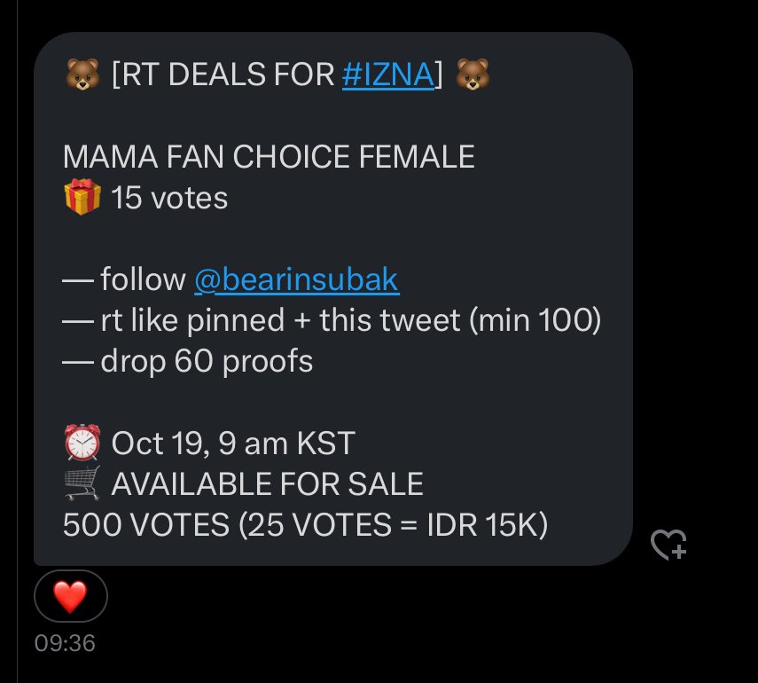 [251018] RT DEAL 

🗳 MAMA Fans' Choice Female Category

🏆 15 votes

RULES:
- follow <a href="/bearinsubak/">bear vote</a> 
- like and rt <a href="/bearinsubak/">bear vote</a> pinned 📌 (min 100)
- like and rt this tweet (min 100)
- drop proof (min 70)

⏰️ Oct 19 9am KST

#izna #이즈나 #イズナ <a href="/izna_offcl/">izna</a> <a href="/izna_offcl_jp/">izna JP</a>