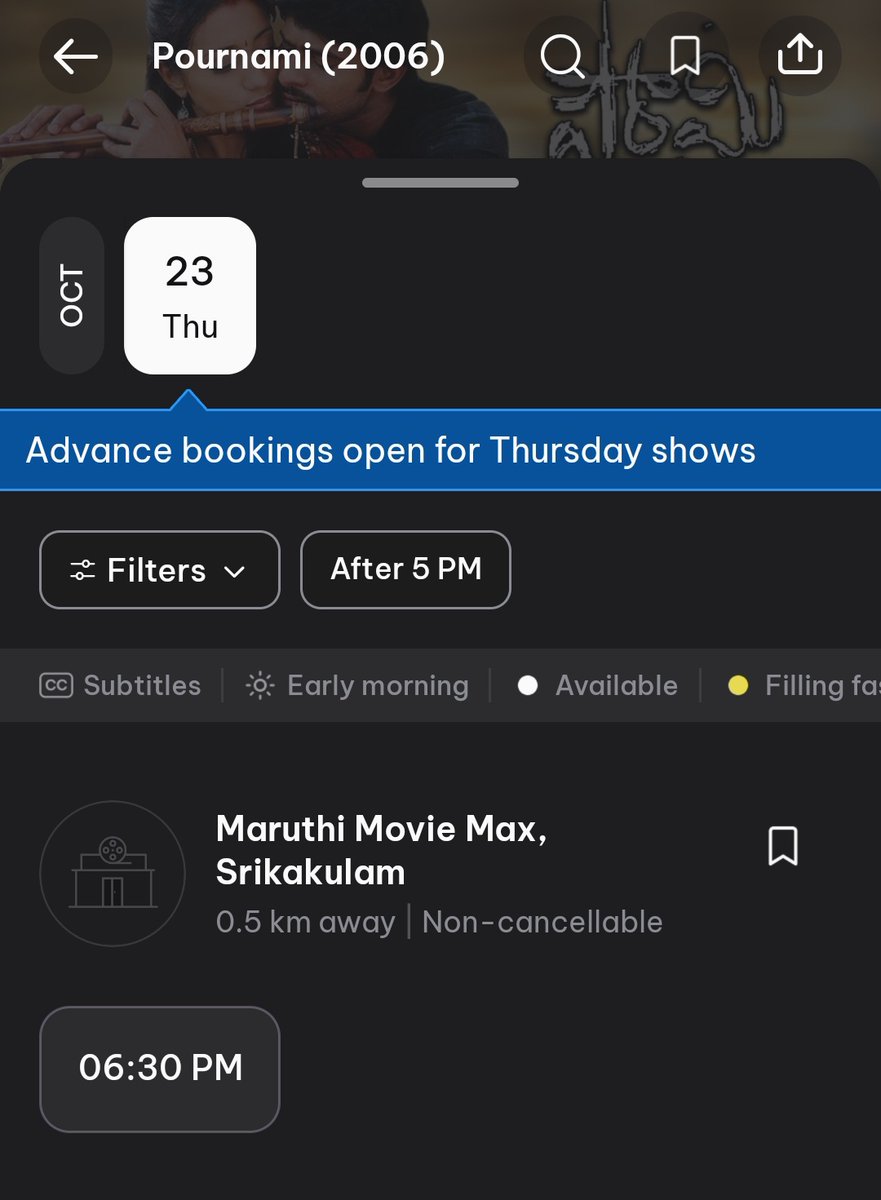 "Team Prabhas Srikakulam is all set to celebrate our idol #Prabhas Anna’s birthday with #Pournami4K 6:30 PM show on October 23rd, Massive celebrations are planned — let’s make it a night to remember for our Rebel Star