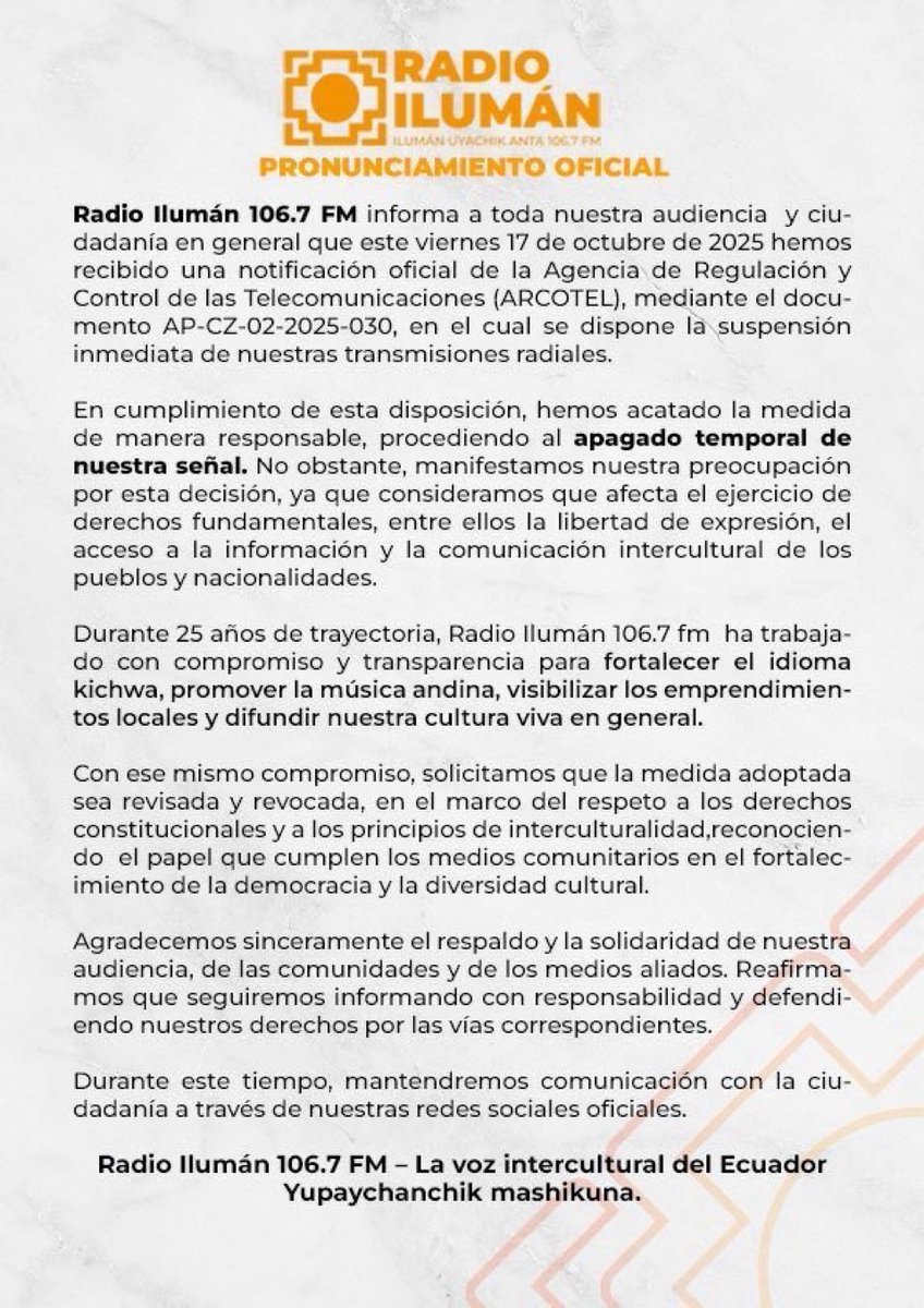 Compañeros y compañeras, el pequeño dictador de Carondelet sigue silenciando las voces de nuestros camaradas, ayer fue el MICC o es Radio Ilumán