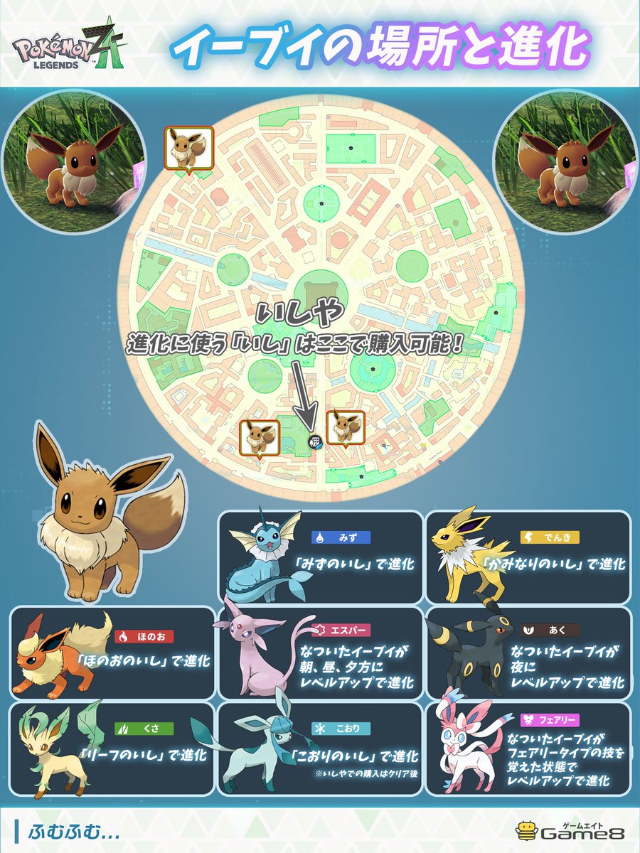 イーブイの出現場所3箇所と進化】 □序盤で会いに行けるが捕獲率が低め