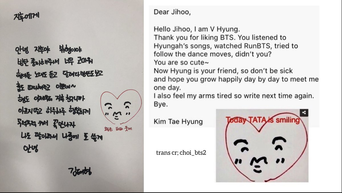 vteambase's tweet image. When a little boy was struggling in school, he wrote a letter to Taehyung telling him how Taehyung helped him cope when he didn't have friends. Taehyung wrote his own letter back to the kid and this is what it said.
#HeartofTaehyung #KimTaehyung #BTSV