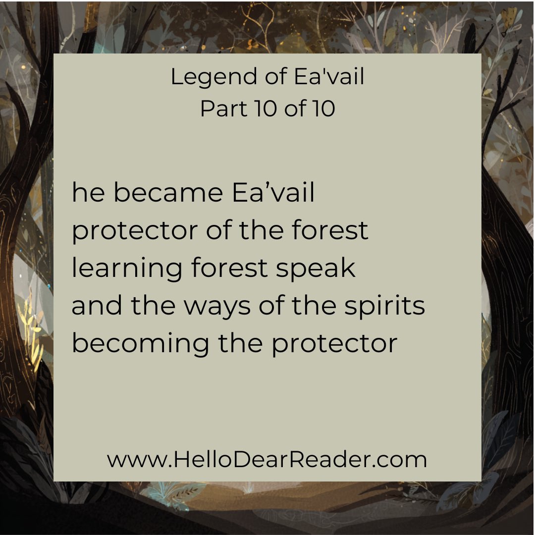 jason_delph's tweet image. Legend of Ea&apos;vail: Part 10 of 10

he became Ea’vail
protector of the forest 
learning forest speak
and the ways of the spirits 
becoming the protector

HelloDearReader.com #poetrycommunity