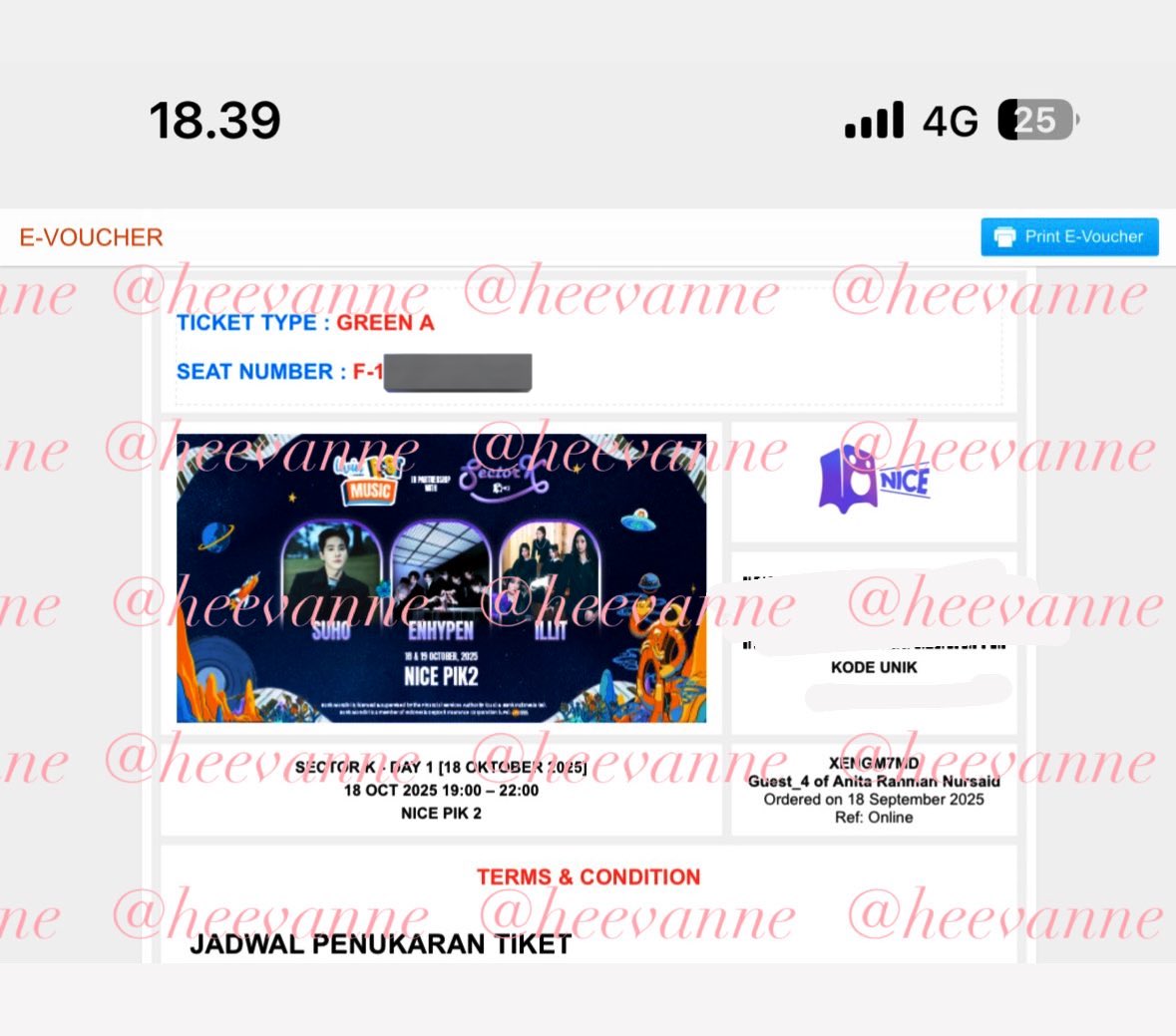 heevanne's tweet photo. WTS TIKET SECTOR K LIVIN FEST 2025
(Enhypen, ILLIT, Suho EXO)

📌 GREEN A DAY 1 (1 tiket)

- atas nama aku sendiri
- Diurus sampe fisik
- underprice nego aja

t. Enhypen illit suho mau jual fest livin festival https://t.co/PL46pnKxya