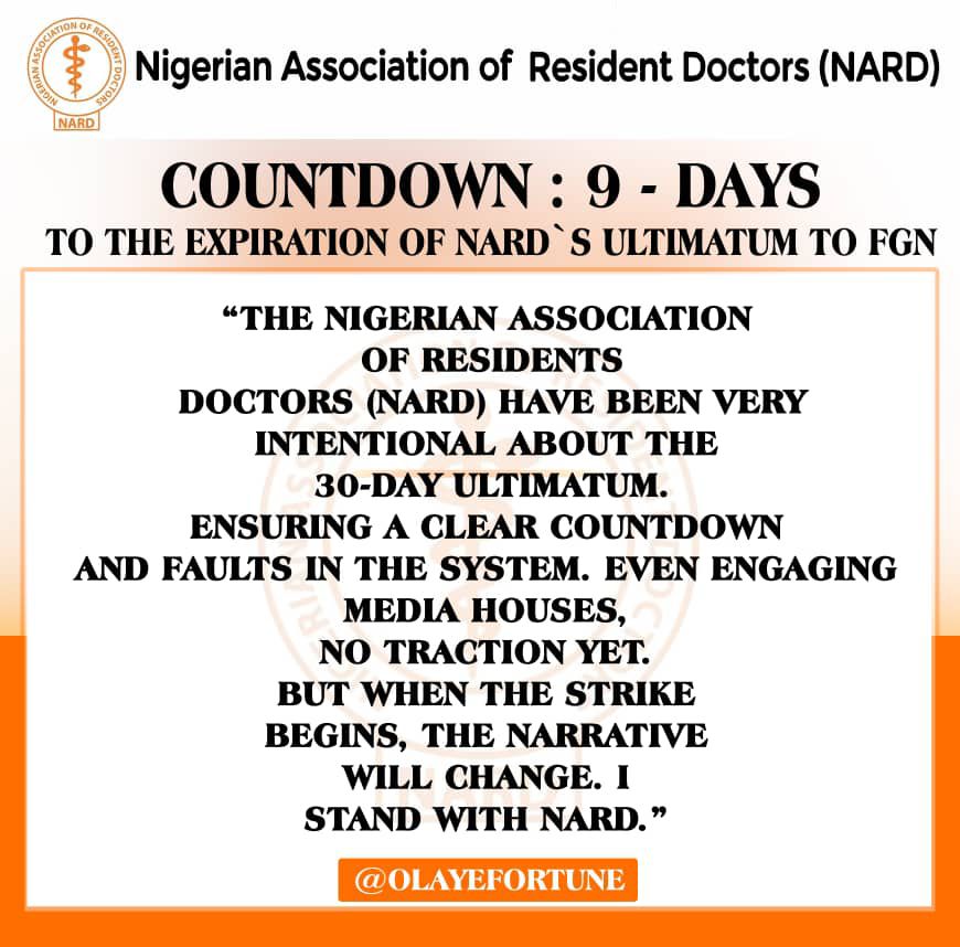 nard_nigeria's tweet photo. With just 9 days left, the call for justice in Nigeria’s healthcare sector grows louder.

This cause isn’t just for doctors it’s for the wellbeing of every Nigerian who deserves quality healthcare. https://t.co/xLz2xSMm7o