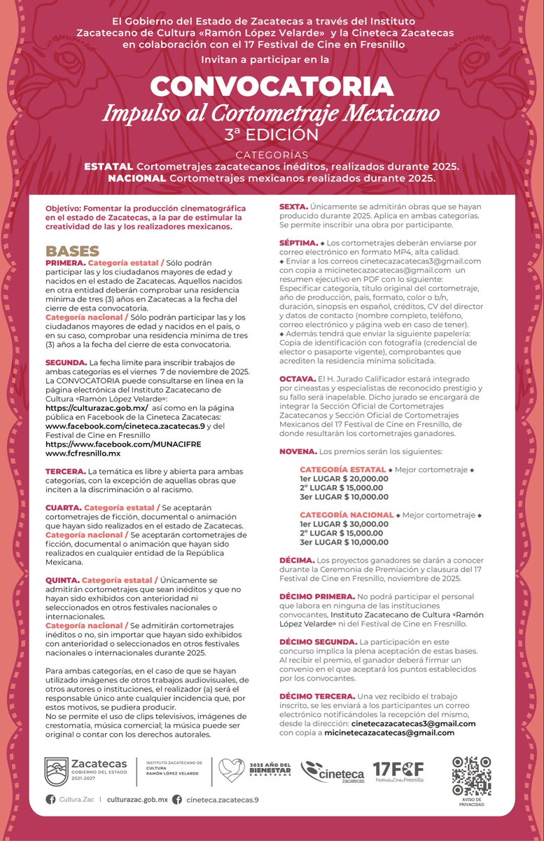 Convocatoria IMPULSO AL CORTOMETRAJE MEXICANO 3ª Edición. 🎬🎬
Categorías: estatal y nacional.
