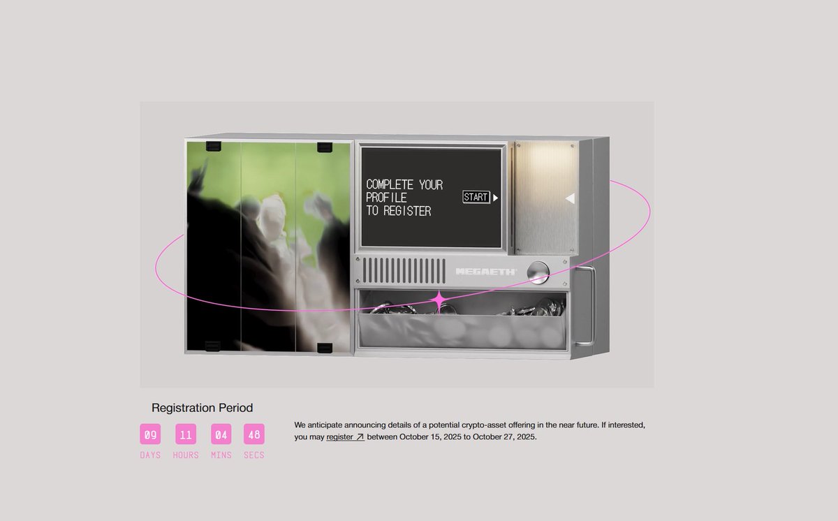 🚀 MegaETH Registration Open @megaeth_labs 

Register now for a potential crypto-asset offering.
🗓 Oct 15–27, 2025
💰 Payment: USDT (Ethereum mainnet)
⚙️ Format: English auction, 1-year lockup = 10% discount
🔗 Register here: token.megaeth.com

#MegaETH #Presale #Crypto