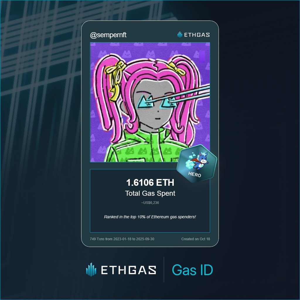 Leveled up in the Great Gas Reckoning with ETHGas! 💪

Hero Jack status: 1.6106 ETH gas spent, 1000 Beans earned—supporting the Gasless Future!

Claim your Gas ID at ethgas.com/community/gas-…