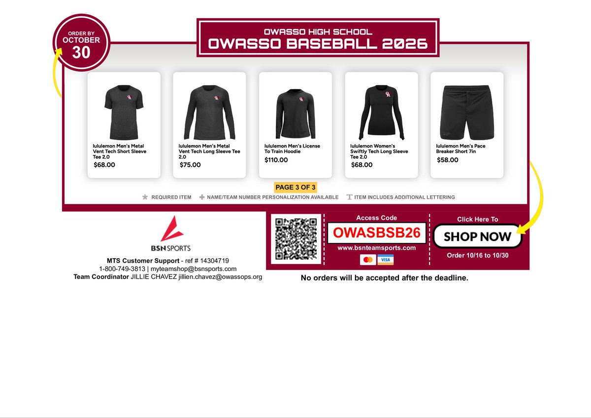 𝟮𝟬𝟮𝟲 𝗚𝗲𝗮𝗿 𝗢𝗿𝗱𝗲𝗿

Order your official Owasso Ram Baseball gear today. All orders must be complete by October 30th. 

🔗 bsnteamsports.com/shop/OWASBSB26

#RELENT15SS