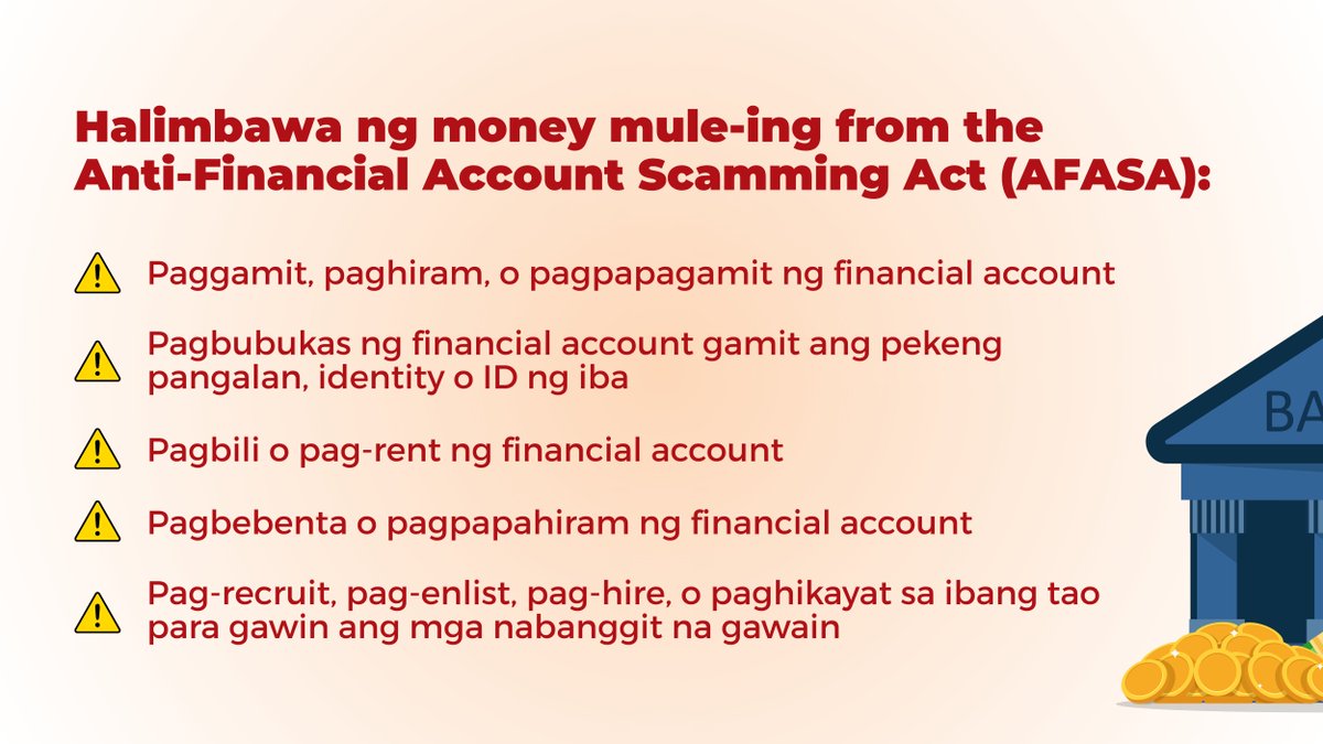 TalktoBPI's tweet image. #BPIcybersecuriTips: Alam mo ba kung ano ang money mule?
 
Kung may mag-alok sa’yo na hiramin o bilhin ang bank o e-wallet account mo para mag-transfer ng pera kapalit ng commission, ‘wag itong tanggapin.