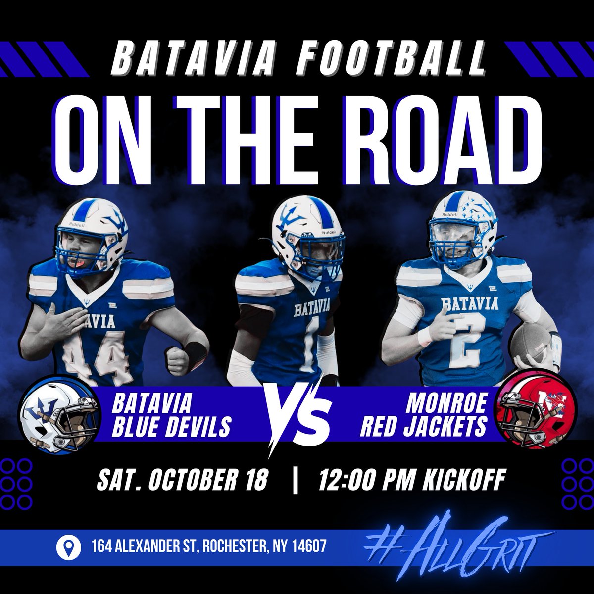 🏈 Batavia @ Monroe
🏟️ 164 Alexander Street, Rochester, NY
⏰ 12:00 PM
🎟️ $3.00
🎥 bit.ly/3KTKPsq
📻 WBTA 1490 AM
<a href="/SecVFootball/">Section V Football</a> <a href="/JasonJasmith/">Jason Smith</a> <a href="/BataviaCSD/">Batavia City School District</a> <a href="/MarquelSports/">Marquel Slaughter</a> <a href="/jjDandC/">James A. Johnson</a> <a href="/PickinSplinters/">Paul Gotham</a>