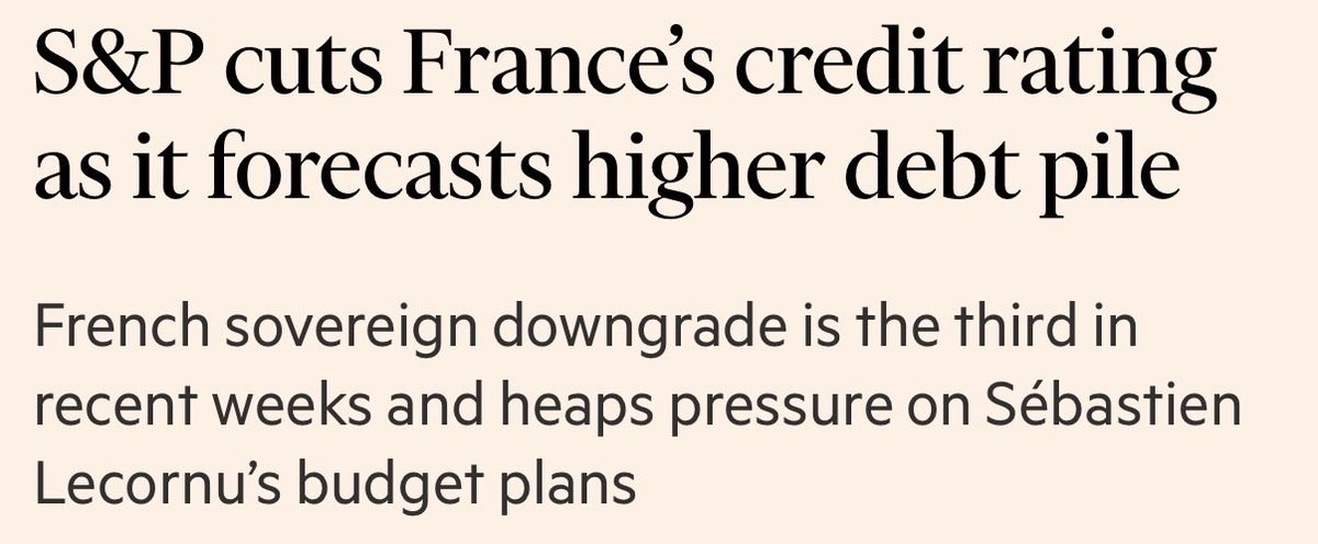 elerianm's tweet image. Who would have thought that the Eurozone’s/EU’s second most important economy would have an A+ rating?
S&P has just downgraded France’s sovereign credit rating to A+ from AA–.
This surprise move is likely to add pressure on French bond spreads. Beyond raising borrowing costs…