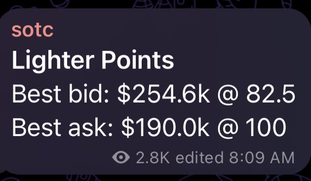 ALPHACOETH's tweet image. Update on @Lighter_xyz points OTC

Current best bid @ $82.5  / point

First round of season 2 points have also dropped today!
