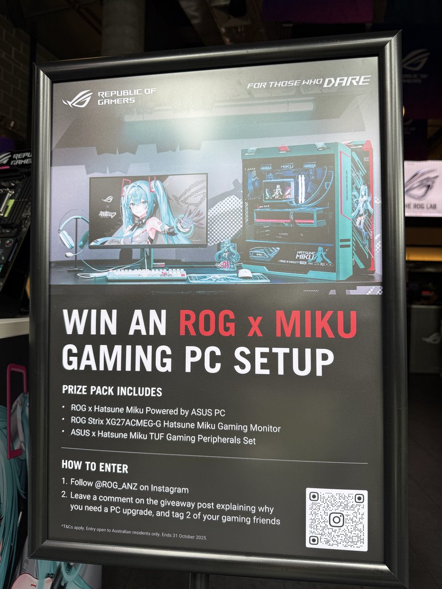 🚨 GIVEAWAY TIME 🚨 

Calling all hatsune miku fans in the ANZ region, this is your chance to win a limited edition hatsune miku setup!

Make sure you follow all the instructions and QR code on the second photo for your chance to win $8000+ worth of an incredible setup!!

Having