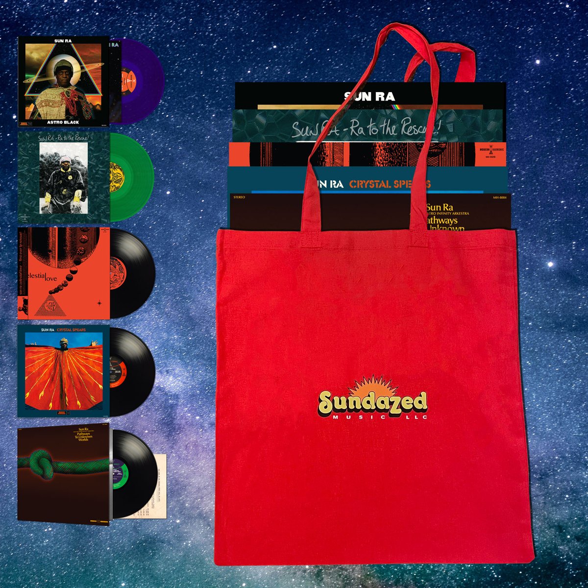 Introducing our new Sun Ra tote bag bundle! 5 cosmic LPs from Ra's catalog and a red tote bag all for $60! This tote bag bundle includes Astro Black, Ra To The Rescue, Celestial Love, Crystal Spears and Pathways To Unknown Worlds!Click here to grab yours: sundazed.com/five-lp-sun-ra…