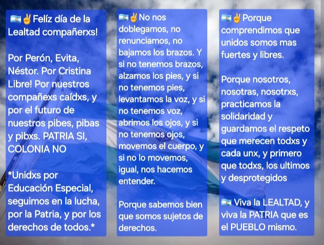 colcer_marcela's tweet photo. Felíz día de la Lealtad compañerxs! Por Perón, Evita, Néstor.
Por Cristina Libre!
Por nuestros compañexs caídxs, por el futuro de nuestros pibes, pibas y pibxs.
PATRIA SI, COLONIA NO!

UNIDXS POR EDUCACIÓN ESPECIAL seguimos en la lucha, por la Patria, y por los derechos de todxs. https://t.co/py2LvcZBAL