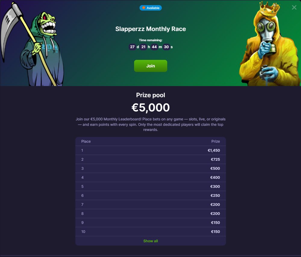 Slapperzzcom's tweet image. Slapperzz Monthly Race is LIVE! 🏁
💶 €5,000 in prizes up for grabs!

✅ Follow
✅ Like &amp;amp; Retweet
💬 Comment your Slapperzz User ID

🎁 4 x $15 tipped! 

Winners drawn in 2 days! 

Sign up here ⬇️
Slapperzz.com 

#Slapperzz #Casino #WagerRace #Leaderboard #Giveaway…
