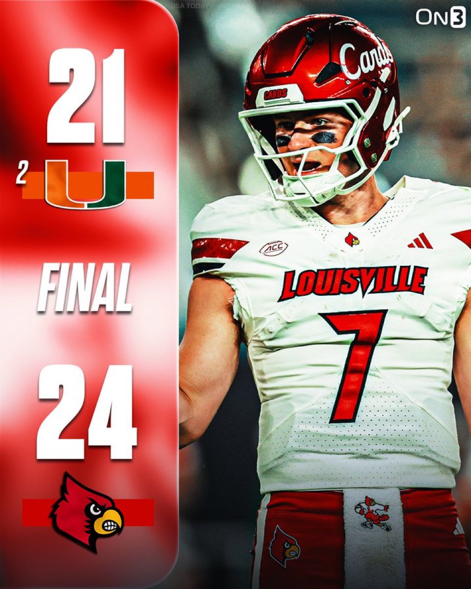 ConnorStanleyX's tweet photo. Louisville upsets number 2 Miami‼️

JEFF BROHM MAGIC https://t.co/MKwervDgBE