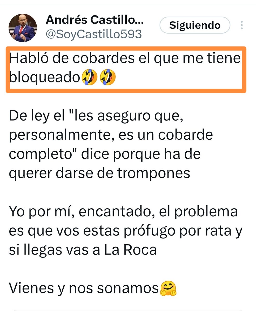 Rafael Correa VS Andrés Castillo. Se armó la pelea entre ellos. 

En sus redes sociales Correa calificó de cobarde al asambleísta Andrés Castillo quien no se hizo esperar en darle la respuesta. 

"Habló de cobardes el que me tiene bloqueado" 🤣🤣

De ley el "les aseguro que,